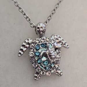 Silver and Turquoise Mom Turtle and Baby Turtle Necklace